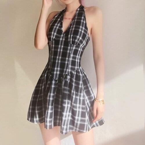 Gothic Plaid Print Mini Dress Women Summer Streetwear Sexy Bandage Pleated Party Dress Harajuku Bodycon Backless Halter Dress