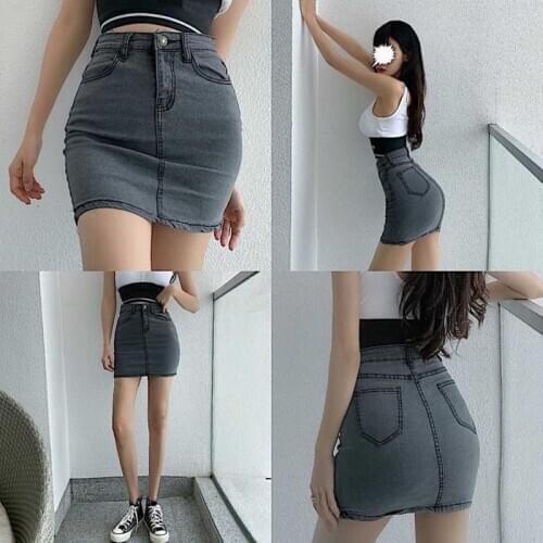 Womens Summer Stretch Slim Mini Skirts Female Sexy Gray Denim Jeans Skirt Woman Plus Size Cotton Short Skirts Harajuku