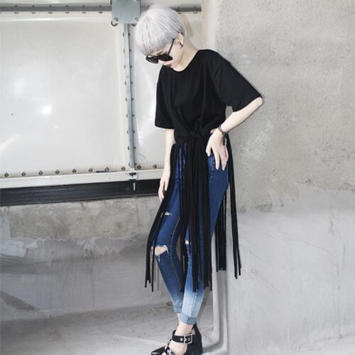 Summer cotton short sleeve T-shirt tops simple personality Solid color black loose plus size Tees female long fringed t-shirts