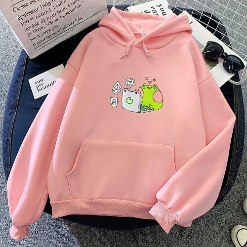 Winter Autumn Warm Hoodie Women Loose Oversize Hooded Harajuku Sad Frog Printed Casual Funny Hoodies Pullover Female