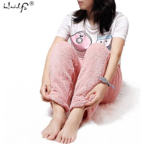 Women Home Pants Casual Warm Plush Long Pant Winter Autumn Female Elastic Waist Loose Trousers Night Sleep Bottoms