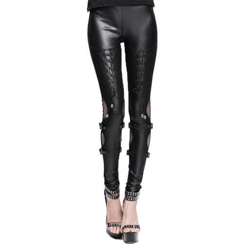 Steampunk Leather Women Pants Gothic Black Sexy Hollow Out Fitness Slim Spliced High Waist Pencil Pants