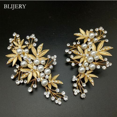 BLIJERY 2Pcs Gold Color Leaves Hair Clips Wedding Hair Accessories For Women Headpiece Pearls Crystal Bridal Hair Jewelry Gifts