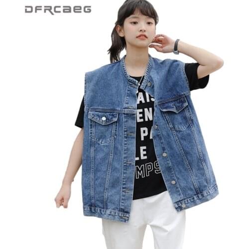 Vintage Blue Loose Woman Vest Denim 2021 Summer Sleeveless Jeans Coat Oversized Waistcoat Retro Streetwear Ladies Tops Cothes