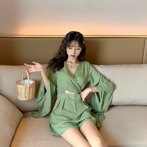 Jumpsuit women summer 2021 Women Summer Avocado Green Jumpsuit Long Sleeves Backless Sexy Hole Romper Playsuit Sweet Outfits