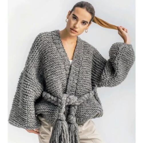 2018 autumn and winter new handmade woven tassel straps lantern sleeves sweater coat female