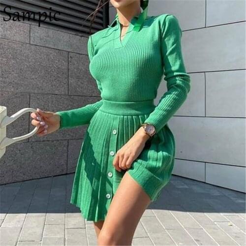 Sampic 2021 Knitted Pleated Skirt Set Women Sexy Long Sleeve Skinny Shirt Tops And High Waisted Mini Skirt Dress Two Piece Set