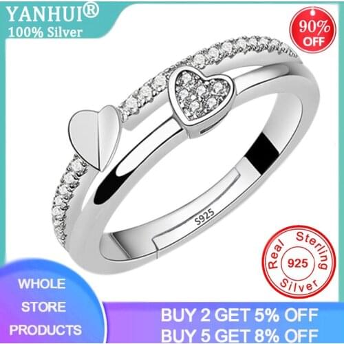 YANHUI 925 Sterling Silver New Woman Cubic Zirconia Silver Ring Opening the Adjustable Ring Asymmetrical Heart-shaped Jewelry