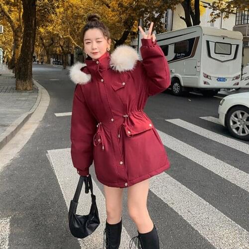 Plus Size Winter Coat Women Plush 2021 The New Korean Version Draw Back Fashion Big Fur Collar Mid-length Cotton