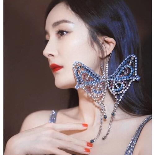 1 PC Retro Luxury Big Butterfly Pendant Earrings Rhinestone Crystal Drop Dangle Earrings Without Piercing Ear Hooks for Women