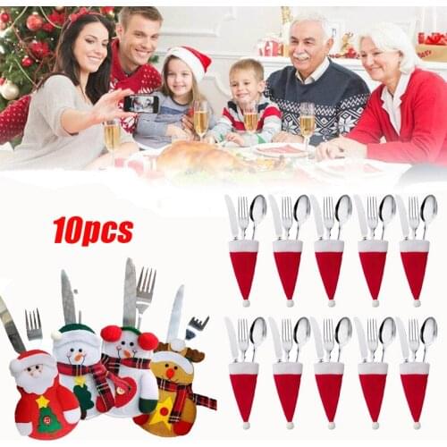 10pcs Christmas Wine Bottle Caps Fork Knife Cutlery Holder Bag Red Santa Hat Spoon Tableware Storage Bag for Dinner Table Decor
