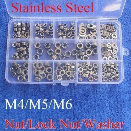 255pcs M4 M5 M6 Stainless Steel Nylon Lock Nut/304 Nut/Flat Washer Metric Assortment Kit Lock Hex Nut Insert Locking Nuts