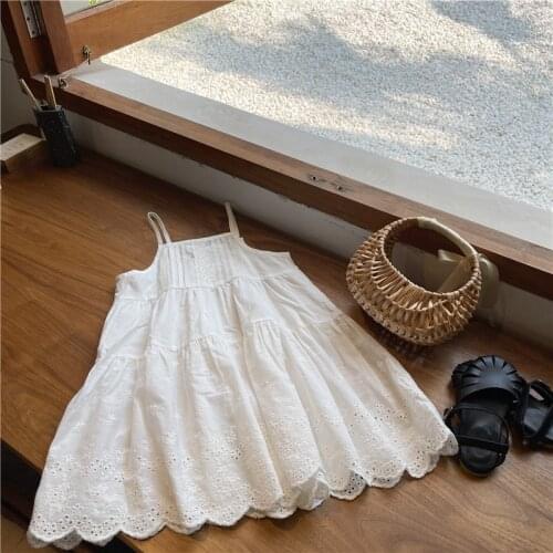 2021 Summer Korean Style Baby Girls Cotton Suspenders Dress Embroidery Hollow Out Toddlers Kids Sleeveless White Dresses