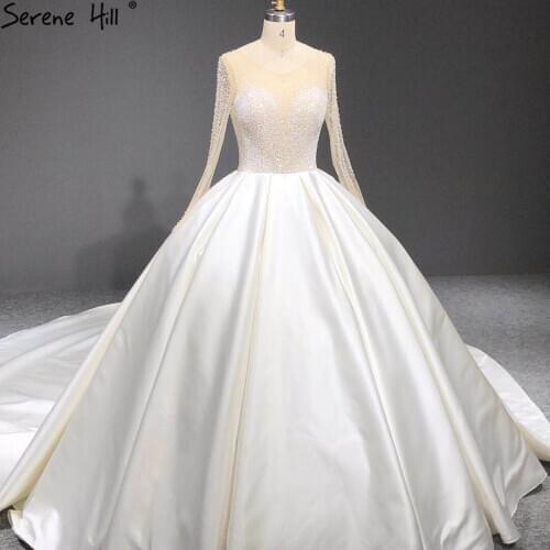 Dubai Ivory Sparkle O-neck Wedding Dresses 2020 Long Sleeve Beading Sequins Princess Bridal Gowns HA2361 Custom Made
