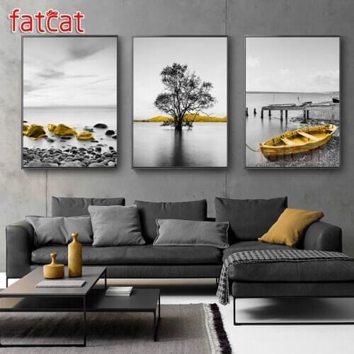 FATCAT Sea landscape tree diy 5d diamond painting full square round drill mosaic embroidery triptych kits home decor AE2716