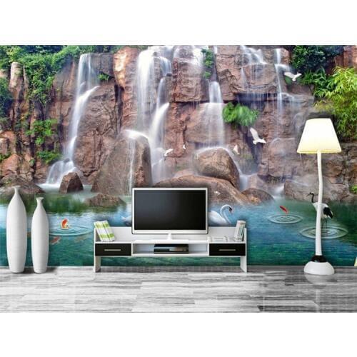 Green forest woods bridge water river waterfall living room bedroom TV background wall paper 3D mural wallpaper