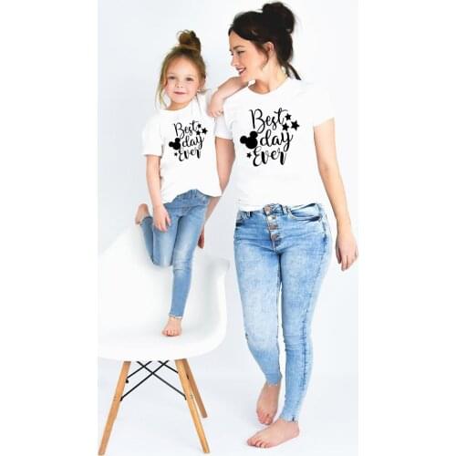 New Mother Daughter Family T Shirt White O-neck Summer Short Sleeve Disney Cartoon Beat Day Ever Funny Girl Boys Tshirts