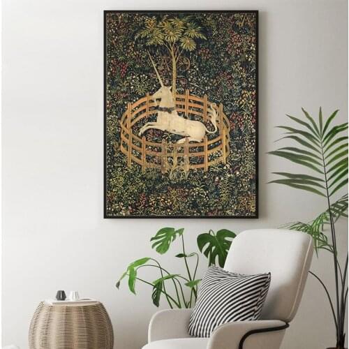 Unicorn in Captivity Art Print Medieval Tapestry Vintage Poster Middle Ages Wall Art Pictures Canvas Painting Living Room Decor