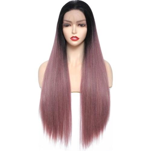Ombre Red Synthetic Lace Front Wig Middle Part Wig With Highlights SOKU 29 Inches Long Straight Wigs Hair For Women Daily Party