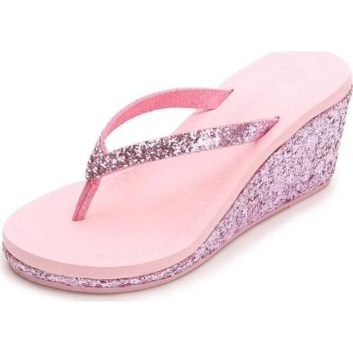 Summer Bottom Platform Women Shoes Beach Sandals Sequin Slope With Heavy-Bottomed flip flops Breathable Shiny Wedge Slippers b17