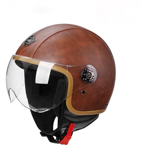 Retro Motorcycle Helmet Transparent Lens Leather Helmet Red Knight Half Helmet Adult Motor Bike Cap Riding Helmet Open Face 666