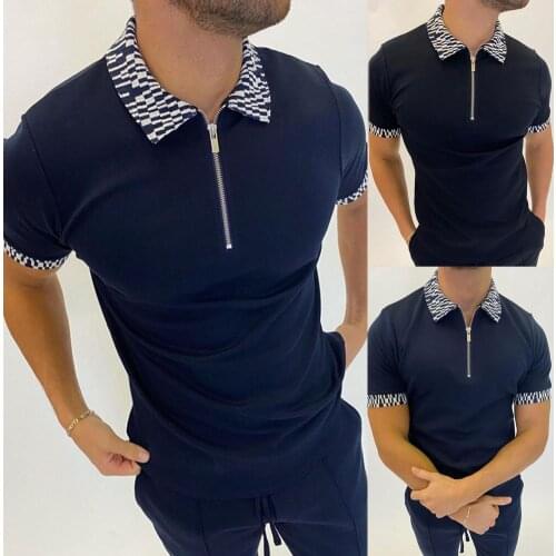 Western Men Top Color Matching Lapel Collar Zipper Ornament Summer Short Sleeve Men Shirt for Dating
