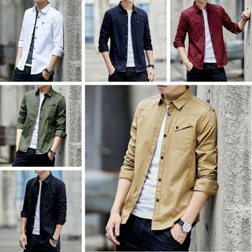 Mens Shirts Casual Military Cotton Shirt Khaki Retro Slim Fit with Pocket Long Sleeve Vintage Jacket Streetwear Drop Shipping