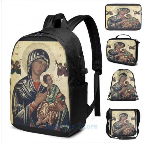 Funny Graphic print Virgin Mary with Baby Jesus Icon USB Charge Backpack men School bags Women bag Travel laptop bag