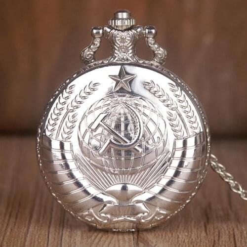 New Fashion Silver USSR Soviet Badges Pocket Watches Necklace Pendant Chain CCCP Russia Quartz Pocket Watches Mens Womens Gift