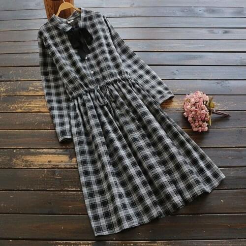 Autumn Women Mori Girl Japan Style Fresh Bow Turn-down Collar Plaid Elastic Waist Dress Linen and Cotton Midi Dresses 2020