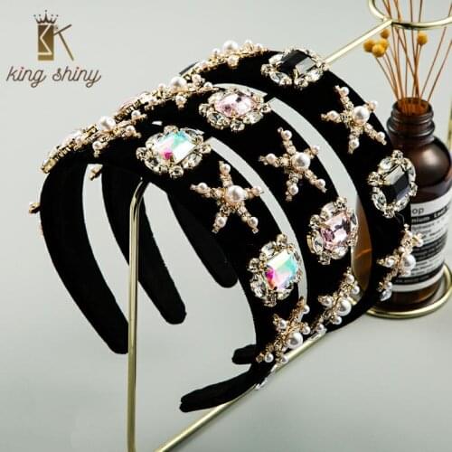 Baroque Flash Multi Color Crystal Star Headband for Woman Vintage Simulated Pearl Black Velvet Hair Band Woman Party Headpieces