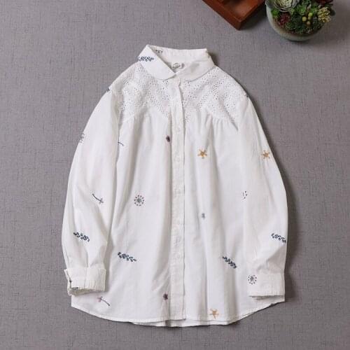 Japan Style Mori Girl Literary Lace Hollow out Peter Pan Collar Shirt New Autumn Embroidery Long Sleeve White Shirt