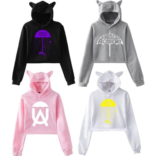Hip Hop Tracksuit The Umbrella Academy Hoodies Women Cat Crop Top Female Anime Sweatshirt Trend Cat Ear Oversized Streetwear