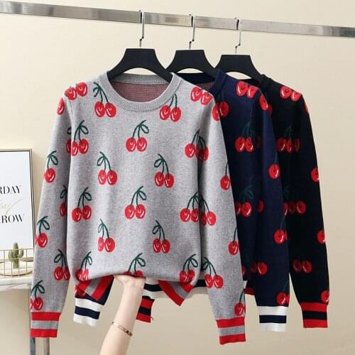 Sweet Preppy Style Fruit Jacquard Knitted Pullover and Sweater Autumn Winter Clothes Women Long Sleeve O-Neck Ladies Jumper Top