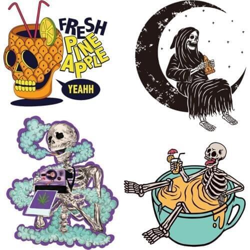Prajna Skull Flower Heat Transfer Vinyl Iron On Transfer Patches For Fashion Clothing DIY Punk Heart Thermal Stickers On Clothes