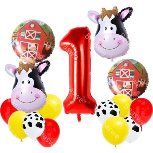 15pcs/lot Cow Balloons Farm Animal Baby 1st 2nd Bithday Theme Party Decor Supplies Cow Print Barnyard Balls 32inch Red Number