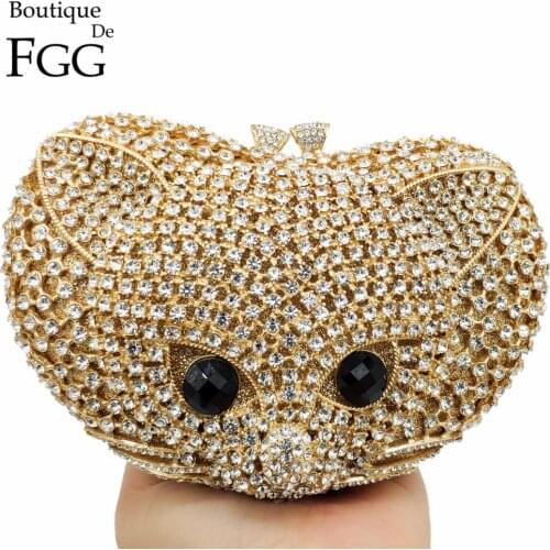 Boutique De FGG Lovely 3D Fox Shape Women Animal Evening Bag Luxury Diamond Minaudiere Clutch Wedding Party Handbags and Purses