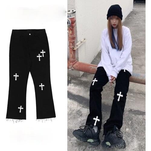 Flare Jeans Womens Cross Embroidered Printed Skinny Straight Pants Loose High Waist Punk Vintage Streetwear Denim Woman Jeans