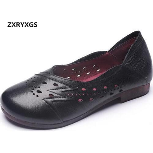2019 Spring Summer Comfort Soft Bottom Soft Full Real Leather Shoes Woman Flat Shoes Breathable Sandals Fashion Casual Shoes