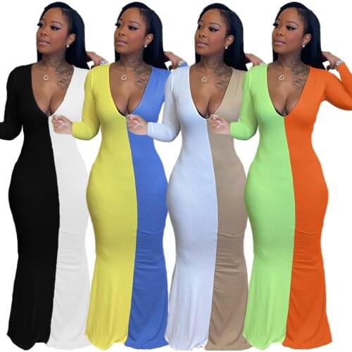 Autumn Maxi Dress Women V Neck Long Sleeve Fashion Patchwork Full Length Elegant Long Dresses Women Wholesale Dropshipping