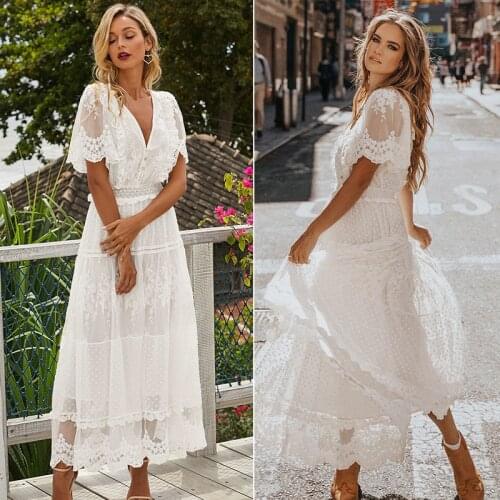 Womens V-neck short-sleeved dress summer cross-border slim slimming mesh lace dress