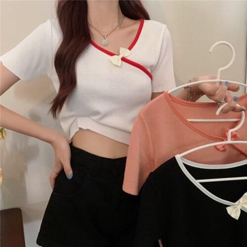 Shirt Design Sense V-neck Bowknot Short-sleeved Knitted Womens Summer Dress New Korean Slim Slimming Top