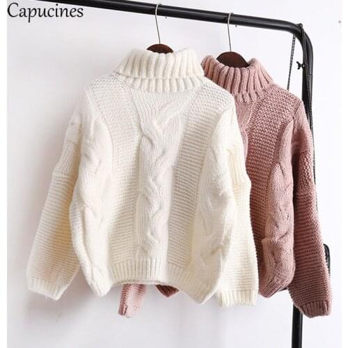 Capucines Winter Twist Knit Thick Turtleneck Sweater Women Solid Long Sleeve Drop Shoulder Casual Pullovers Campus Girl Clothes