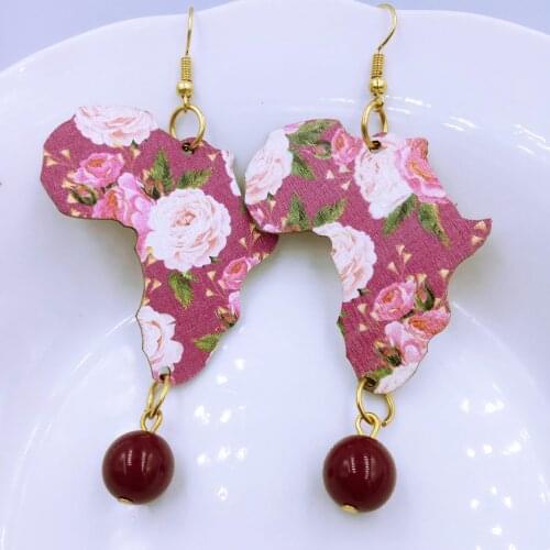 30 Style African Map Drop Earrings Wood Printing Flower Earrings Women Golden Hooks Earring Asymmetrical Party Big Bead Earring