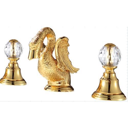 Free shipping 3 PIECES Widespread gold clour Cute swan sink faucet widespread lavatory sink faucet