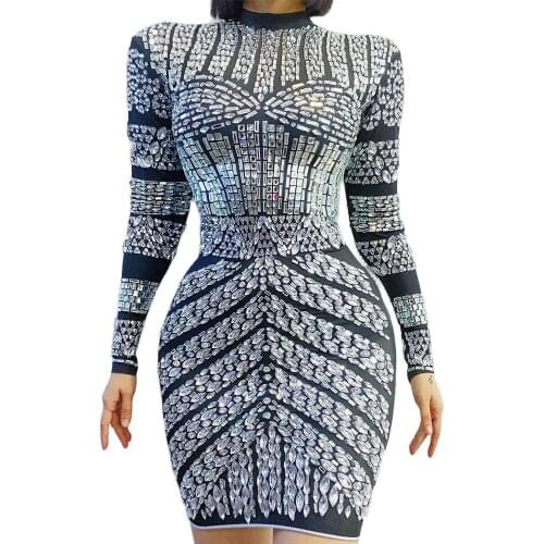 Shining Rhinestones Decoration Sequins Dress Long Sleeve Bar Dance Clothing Stage Wear Lady Womens Party Performance Suit