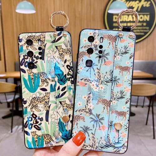 Case for OPPO Reno 4 3 4G A15 A7 A8 A52 A32 A12A53 A93 F17 Glossy Floral Leaf Lens Protect Wristband Ring Stand Soft Cover Capa