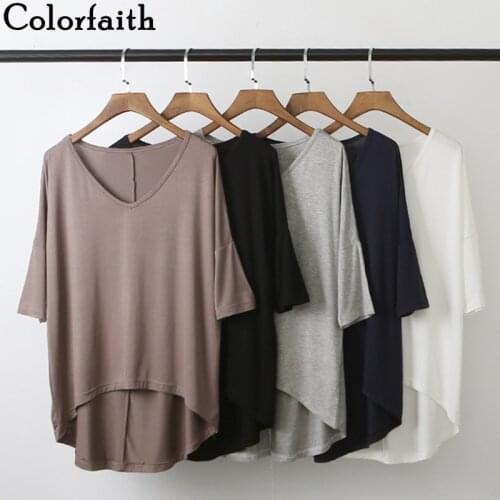 Colorfaith New 2021 Womens Summer T-shirt Bottoming Basic Fashionable Modal Wild Lady Irregular Oversized Soild Tops T6001AB
