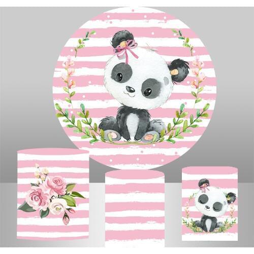 Round circle background Cartoon watercolor panda Backdrop pink stripes baby shower girls birthday Party table Cover Photo YY-328