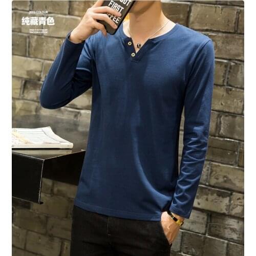 Obrix Male Full Sleeve T-Shirt V-Neck Buttons Light Comfy Cool Gentleman Shirt Solid Pattern Slim Fit Businessman Outfit